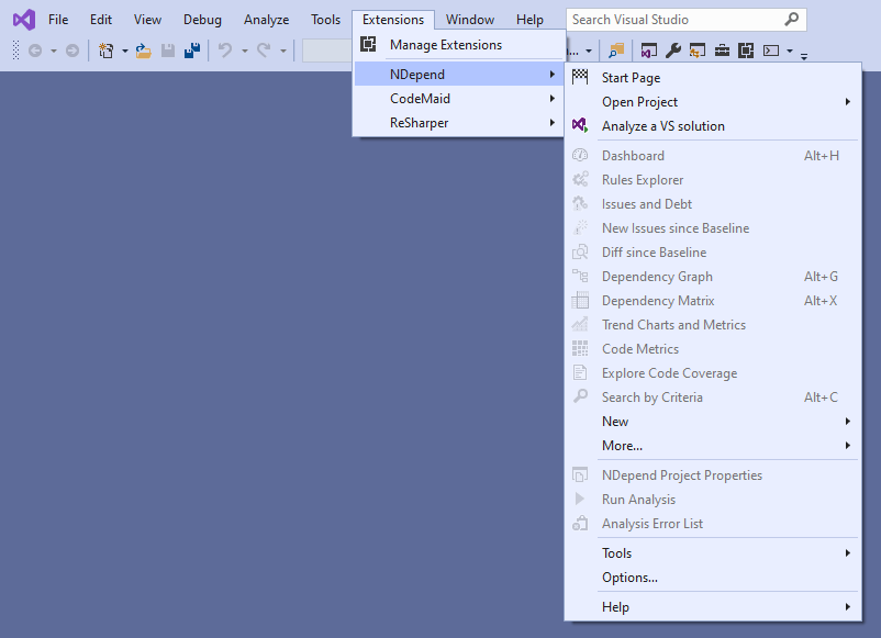 NDepend - Menu dell'estensione in Visual Studio