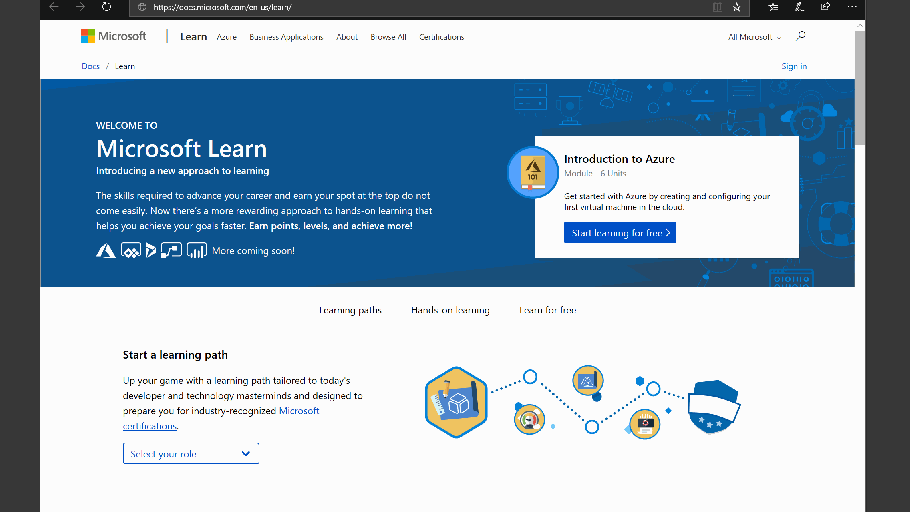 Homepage del sito Microsoft Learn
